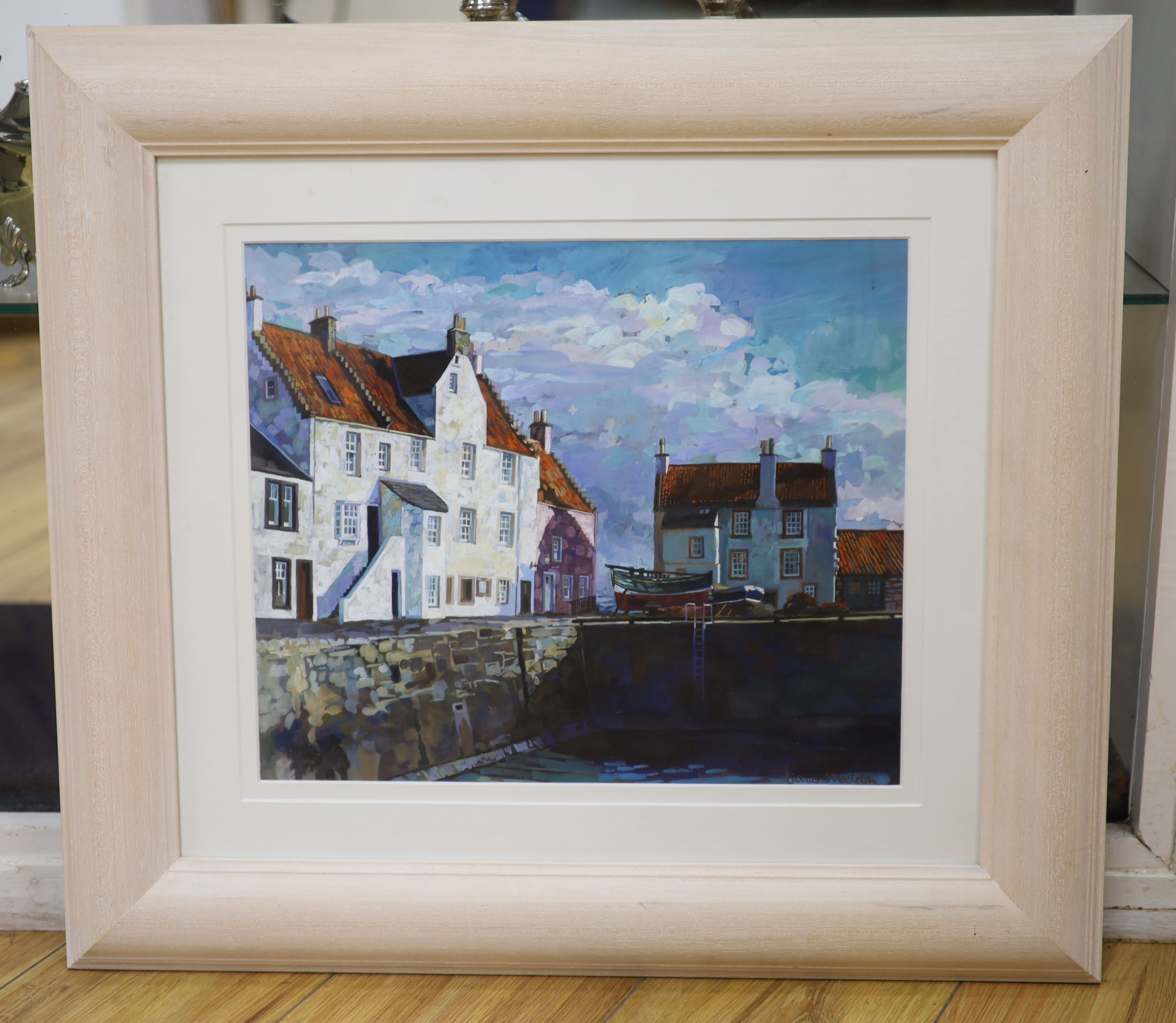 Sonas McLean (Contemporary Scottish), gouache on paper, Harbour scene, signed, 29 x 35cm, Michael Chaplin (b.1943), three coloured aquatints, 'Dolphin Yard', 'Iron Wharf' and 'Anglia', all signed in pencil, largest 36 x